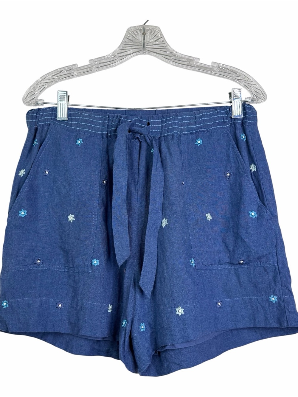 Carolina K Blue Floral Embroidered Shorts Drawstring Linen Boho Coastal Preppy M